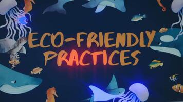 Eco Friendly Practices inscription on dark blue background. Graphic presentation with drawn ocean animals floating in water. Environment concept video