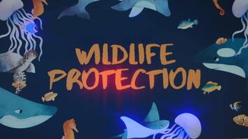 Wildlife Protection inscription on dark blue background. Graphic presentation with drawn ocean animals floating in water. Environment concept video