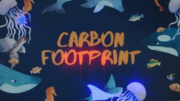 Carbon Footprint inscription on dark blue background. Graphic presentation with animated floating ocean animals. Environment concept video