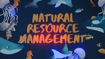 Natural Resource Management inscription on dark blue background. Graphic presentation with large diversity of ocean animals species. Environment concept video