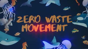 zero desperdício movimento inscrição em Sombrio azul fundo. gráfico apresentação com desenhado oceano animais flutuando dentro água. meio Ambiente conceito video