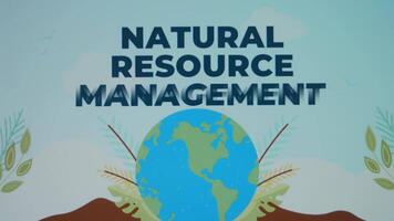 Natural Resources Management inscription with waves effect on blue background. Graphic presentation of the drawn Planet Earth rotating. Environment concept video