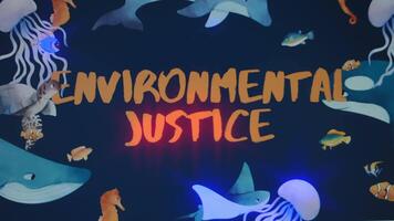 Environmental Justice inscription on dark blue background. Graphic presentation with large diversity of ocean animals species. Environment concept video