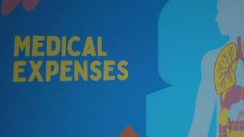 Medical Expenses inscription on blue background. Graphic presentation of drawn human body with internal organs. Healthcare and Medical Insurance concept video