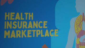 Health Insurance Marketplace inscription on blue background. Graphic presentation of illustrated human anatomy. Healthcare and Medical Insurance concept video