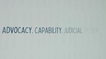 Advocacy. Capability. Judicial System inscription on white paper sheet background. Graphic presentation with words appearing one by one. Legal concept video