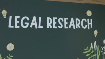 Legal Research inscription on green chalkboard background. Graphic presentation of teaching process, drawing. Legal concept video