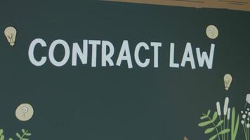 Contract Law inscription on green chalkboard background. Graphic presentation of teacher teaching her student drawing . Legal concept video