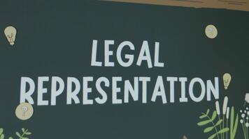 Legal Representation inscription on green chalkboard background. Graphic presentation of teaching process, drawing. Legal concept video