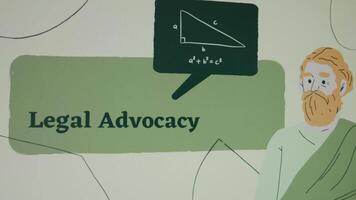 Legal Advocacy inscription on green background. Graphic presentation with a drawn philosopher. Legal concept video