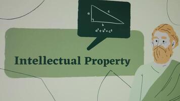 Intellectual Property inscription on green background. Graphic presentation with an illustrated thinking man in robe. Legal concept video