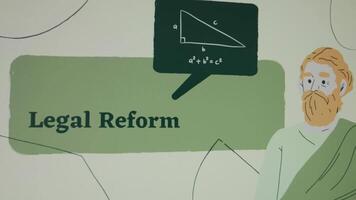 Legal Reform inscription on green background. Graphic presentation with an illustrated thinking man in robe. Legal concept video