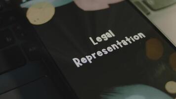 legal representação inscrição em Smartphone tela. gráfico apresentação em Preto fundo com bokeh luzes. luz raios. legal conceito video