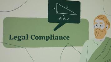 Legal Compliance inscription on green background. Graphic presentation with an illustrated thinking man in robe. Legal concept video