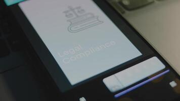 legal conformidade inscrição em Smartphone tela. gráfico apresentação em luz azul fundo com balanças do justiça. legal conceito video