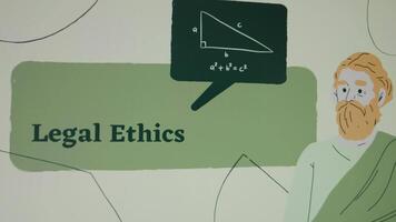 Legal Ethics inscription on green background. Graphic presentation with a drawn philosopher. Legal concept video