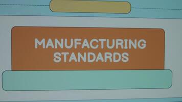Manufacturing Standards inscription on page divided into colored spaces background. Graphic presentation. Manufacturing concept video