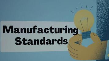 Manufacturing Standards inscription on blue background. Graphic presentation with drawing of burning light bulb as symbol of progress. Manufacturing concept video