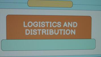 Logistik und Verteilung Inschrift auf Seite geteilt in farbig Räume Hintergrund. Grafik Präsentation. Herstellung Konzept video