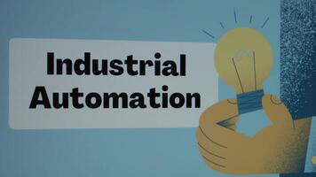 Industrial Automation inscription in frame on blue background. Graphic presentation with illustration of hand holding a light bulb. Manufacturing concept video