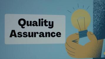 Quality Assurance inscription on blue background. Graphic presentation with drawing of burning light bulb as symbol of progress. Manufacturing concept video