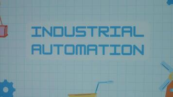 Industrial Automation inscription on blue math sheet background. Graphic presentation of drawn gears, crane lifting weights and windmill as symbols of manufacturing. Manufacturing concept video