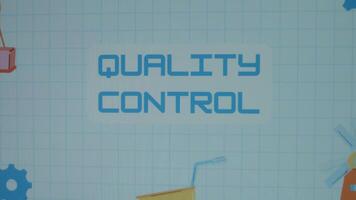 Quality Control inscription on blue math sheet background. Graphic presentation of drawn gears, crane lifting weights and windmill as symbols of manufacturing. Manufacturing concept video