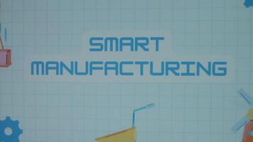 Smart Manufacturing inscription on blue math sheet background. Graphic presentation of illustrated gears, lifting weights crane and windmill as symbols of manufacturing. Manufacturing concept video