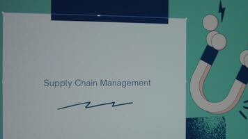 Supply Chain Management inscription in white frame. Graphic presentation with illustrated magnet attracting metallic balls. Manufacturing concept video