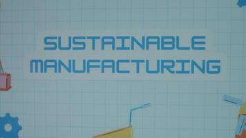 Sustainable Manufacturing inscription on blue math sheet background. Graphic presentation of animated gears, lifting weights crane and windmill. Manufacturing concept video