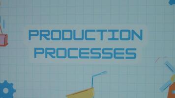 Production Processes inscription on blue math sheet background. Graphic presentation of drawn gears, crane lifting weights and windmill as symbols of manufacturing. Manufacturing concept video