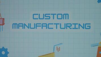 Custom Manufacturing inscription on blue math sheet background. Graphic presentation of animated gears, lifting weights crane and windmill. Manufacturing concept video