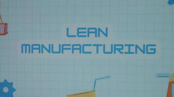 Lean Manufacturing inscription on blue math sheet background. Graphic presentation of drawn gears, crane lifting weights and windmill as symbols of manufacturing. Manufacturing concept video