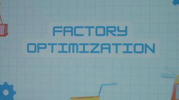 Factory Optimization inscription on blue math sheet background. Graphic presentation of illustrated gears, lifting weights crane and windmill as symbols of manufacturing. Manufacturing concept video