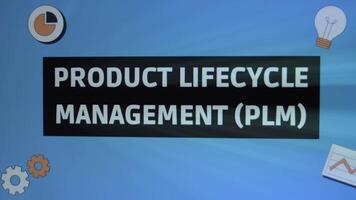 Product Lifecycle Management PLM inscription in black frame. Graphic presentation with animated gears, light bulb, graphic and clock. Manufacturing concept. Light rays video