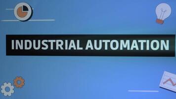 industrial automação inscrição dentro Preto quadro. gráfico apresentação com ilustrado engrenagens, luz lâmpada, gráfico e relógio. fabricação conceito. luz raios video