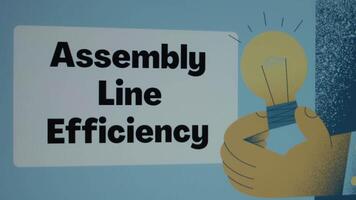 Assembly Line Efficiency inscription on blue background. Graphic presentation with drawing of burning light bulb as symbol of progress. Manufacturing concept video