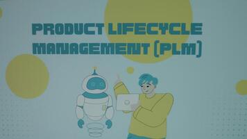 Product Lifecycle Management PLM inscription on blue background with big yellow dots. Graphic presentation with animated young scientist speaking to a robot. Manufacturing concept video