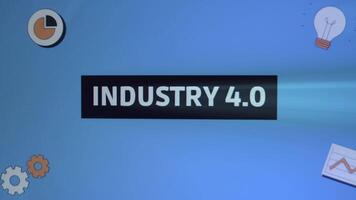 industria 4.0 iscrizione nel nero telaio. grafico presentazione con animato elementi ingranaggi, leggero lampadina, grafico e orologio. produzione concetto. leggero raggi video