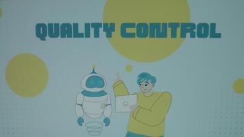 Quality Control inscription on blue background with big yellow dots. Graphic presentation with illustrated young man speaking to a robot. Manufacturing concept video