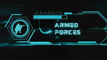 Armed Forces inscription on black background. Graphic presentation with neon sensors and symbol of soldier with gun. Military concept video