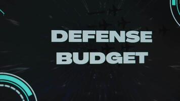 försvar budget inskrift på svart bakgrund. grafisk presentation av hög hastighet flyg, flygande militär plan och sensorer. militär begrepp video