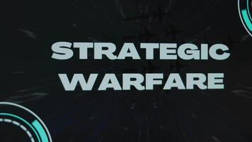 Strategic Warfare inscription on black background with stars disappearing with high speed. Graphic presentation with flying military planes and sensors. Military Concept video