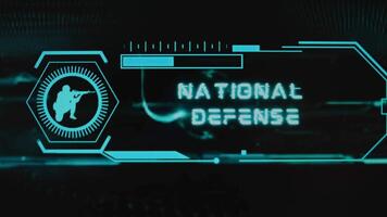 National Defense inscription on black background. Graphic presentation with neon sensors and symbol of soldier with gun. Military concept video