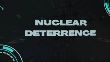 Nuclear Deterrence inscription on black background with stars disappearing with high speed. Graphic presentation with group of military planes flying and active sensors. Military Concept video