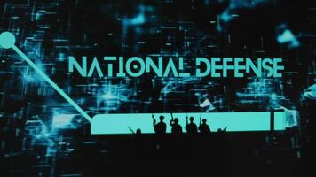 National Defense inscription on black background with holograms. Graphic presentation with silhouettes of armed soldiers. Military concept video