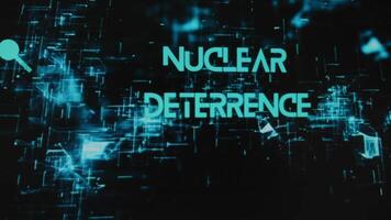 Nuclear Deterrence inscription on black background with neon holograms. Graphic presentation with silhouettes of a group of soldiers fully equipped. Military concept video