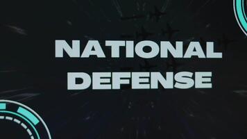 National Defense inscription on black background with stars disappearing with high speed. Graphic presentation with flying military planes and sensors. Military Concept video