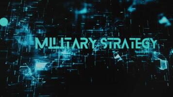 Military Strategy inscription on black background with holograms. Graphic presentation with silhouettes of armed soldiers. Military concept video