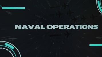 Naval Operations inscription on black background with stars disappearing with high speed. Graphic presentation with group of military planes flying and active sensors. Military Concept video